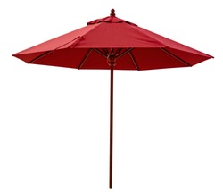 Red beach umbrella isolated on white. Clipping path included.
