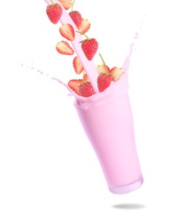Pouring strawberry and strawberry milk into glass with splashing., Isolated white background.