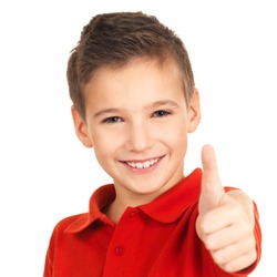 Portrait of happy boy showing thumbs up gesture, isolated over white background