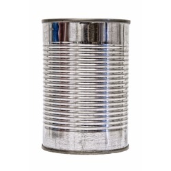 A silver tin can isolated on a white background.