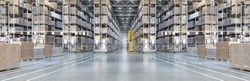 Huge distribution warehouse with high shelves and loaders. Bottom view.