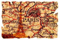 Paris on an old torn map with the eiffel tower, isolated. Part of the old map series.