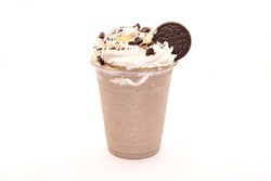 Cookies and cream frappe with whipped cream and biscuits. 