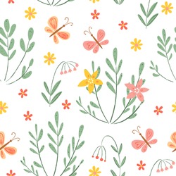 Floral seamless vector pattern for kids. Flowers and butterfly. Hand Drawn cartoon baby illustration. Meadow flowers and plants. Childish background. Endless wallpaper. Pastel colors. Fabric print