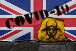 Flag of United Kingdom on the wall with covid-19 quarantine symbol on it. 2019 - 2020 Novel Coronavirus (2019-nCoV) concept, for an outbreak occurs in UK.