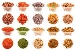 A set of pictures of nuts, legumes and dried fruit in a glass bowl on a white background.