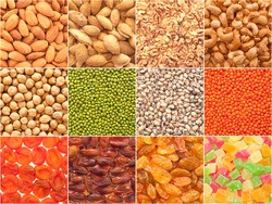 A set of textures of nuts, legumes and dried fruits.