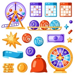 Lottery and bingo set of objects. Icons of gambling or online games.