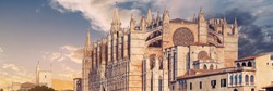 Panoramic image Cathedral of Palma de Majorca or La Seu was built on a cliff rising out of the sea. Exterior Gothic Roman Catholic church famous place. Majorca, Balearic Islands Spain