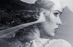 Double Multiple exposure image. Portrait of woman beautiful side profile view face combined with winding mountain road, coastline, Mediterranean Sea waters. Black and white creative photography photo