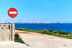 No Entry road sign, on the coast of Torrevieja. Costa Blanca. Spain