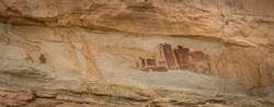 Panorama of the petroglyphs on the Temple Mountain Wash Pictograph Panel in Utah.