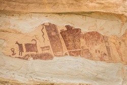 Closeup of the petroglyphs on the Temple Mountain Wash Pictograph Panel in Utah.