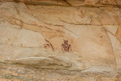 Closeup of the petroglyphs on the Temple Mountain Wash Pictograph Panel in Utah.