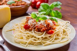 Spaghetti Bolognese with Parmesan Cheese and Basil