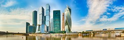 Moscow City skyline . Moscow International Business Centre at day time with Moskva river in foreground . High resolution Panorama