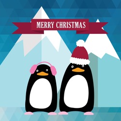 New year and Christmas card with cute penguins