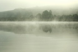 misty morning over the lake, sepia effect