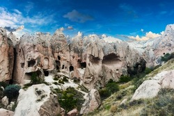 Spectacular teeth-like rock formation and old christian caves in Zelve Valley in Cappadocia, Turkey