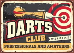 Darts club vintage decoration sign template on old metal background. Retro leisure poster idea for cafe bar or club. Vector image.