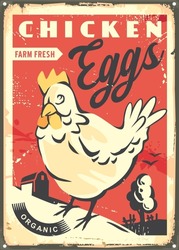 Farm fresh chicken eggs retro advertising metal sign post. Vintage design for animal farm products. Hen drawing with countryside landscape. Vector illustration.
