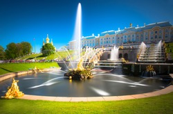 PETERHOF, RUSSIA,  Grand cascade in Pertergof, St-Petersburg. the largest fountain ensembles in the world, comprising more than 60 water fountains. Wide angle lens and long exposition.