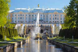 PETERHOF, RUSSIA,  Grand cascade in Pertergof, St-Petersburg. the largest fountain ensembles. Summer blue sky.