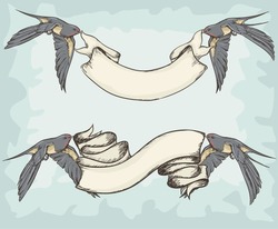 Swallows holding ribbons, Birds with banners, hand drawn