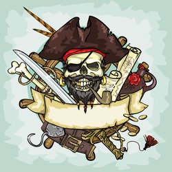 Pirate Skull logo design, vector illustrations with space for text, hand drawn collection