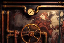 background vintage steampunk from steam pipes and pressure gauge