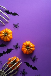 Flat lay Halloween decorations, pumpkins, bats, spiders on purple background. Happy halloween holiday concept.