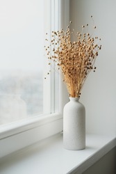 Vase of dried flax linum on windowsill. Nordic style home interior decor.