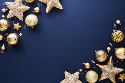 Modern Blue Christmas background with gold stars, balls, confetti. Elegant Christmas greeting card design, Happy New Year banner mockup