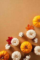 Autumn flat lay composition with ripe pumpkins, fallen maple leaves, cotton on pastel brown background. Top view, copy space. Thanksgiving poster template.