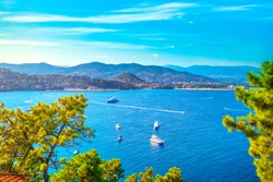 Cannes and La Napoule panoramic sea bay view, yachts and boats from Theoule sur Mer. French Riviera, Azure Coast or Cote d Azur, Provence, France