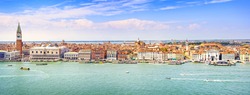 Venice panoramic landmark, aerial view of Piazza San Marco or st Mark square, Campanile and Ducale or Doge Palace. Italy, Europe.