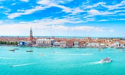 Venice panoramic landmark, aerial view of Piazza San Marco or st Mark square, Campanile and Ducale or Doge Palace. Italy, Europe. High resolution photography.
