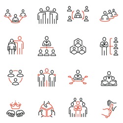 Vector set of linear icons related to Company Organization Structure, Human Resource Management and Succession. Mono line pictograms and infographics design elements