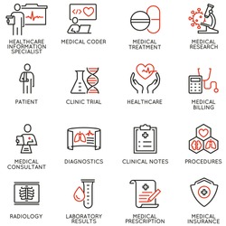 Vector Set of Linear Icons Related to Health Information Management, 
Clinical Coder. Mono Line Pictograms and Infographics Design Elements