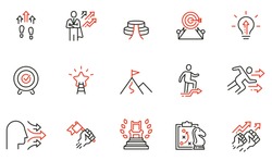 Vector set of linear icons related to assertiveness, striving for development, realization and progress. Mono line pictograms and infographics design elements