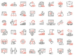 Vector set of linear icons related to finance management, trade service and investment strategy. Mono line pictograms and infographics design elements
