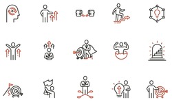 Vector set of linear icons related to assertiveness, striving for development, self-realization and career progress. Mono line pictograms and infographics design elements
