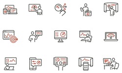 Vector set of linear icons related to web analytics information and development website and application statistic. Mono line pictograms and infographics design elements