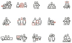 Vector set of linear icons related to business leadership, relationship, human resource management, cooperation and team work. Mono line pictograms and infographics design elements