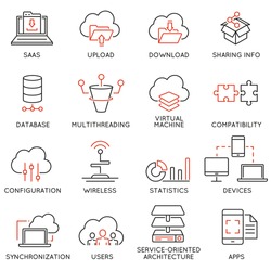 Vector set of 16 modern thin line icons related to cloud computing service and data storage. Simple mono line pictograms and infographics design symbols - part 2