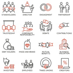 Vector set of linear icons related to business process, team work, human resource management and stakeholders. Mono line pictograms and infographics design elements
