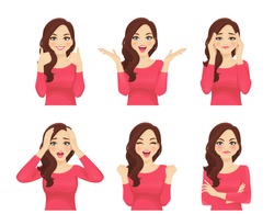 Set of different emotions young beautiful woman. Facial expression with various gestures isolated vector illustration