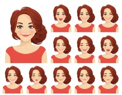 Beautiful woman with different facial expressions set isolated vector illustration