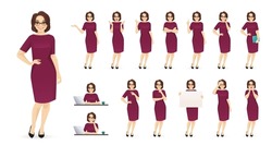 Elegant mature business woman in different poses set. Various gestures female character standing and sitting at the desk isolated vector illustration