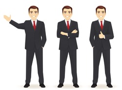 Set of business man in different poses isolated. Thumbing up, showing and with hands crossed